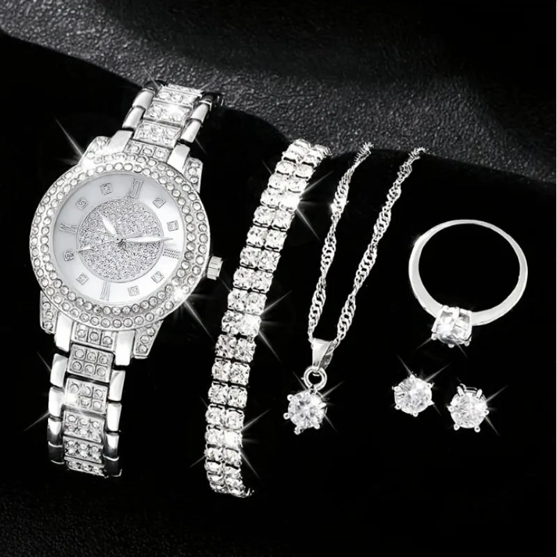 5PCS Women Watch Luxury Elegant Alloy Watch Crystal Wristwatch for Ladies Gift Quartz Watch Alloy Rhinestone Bracelet Montres