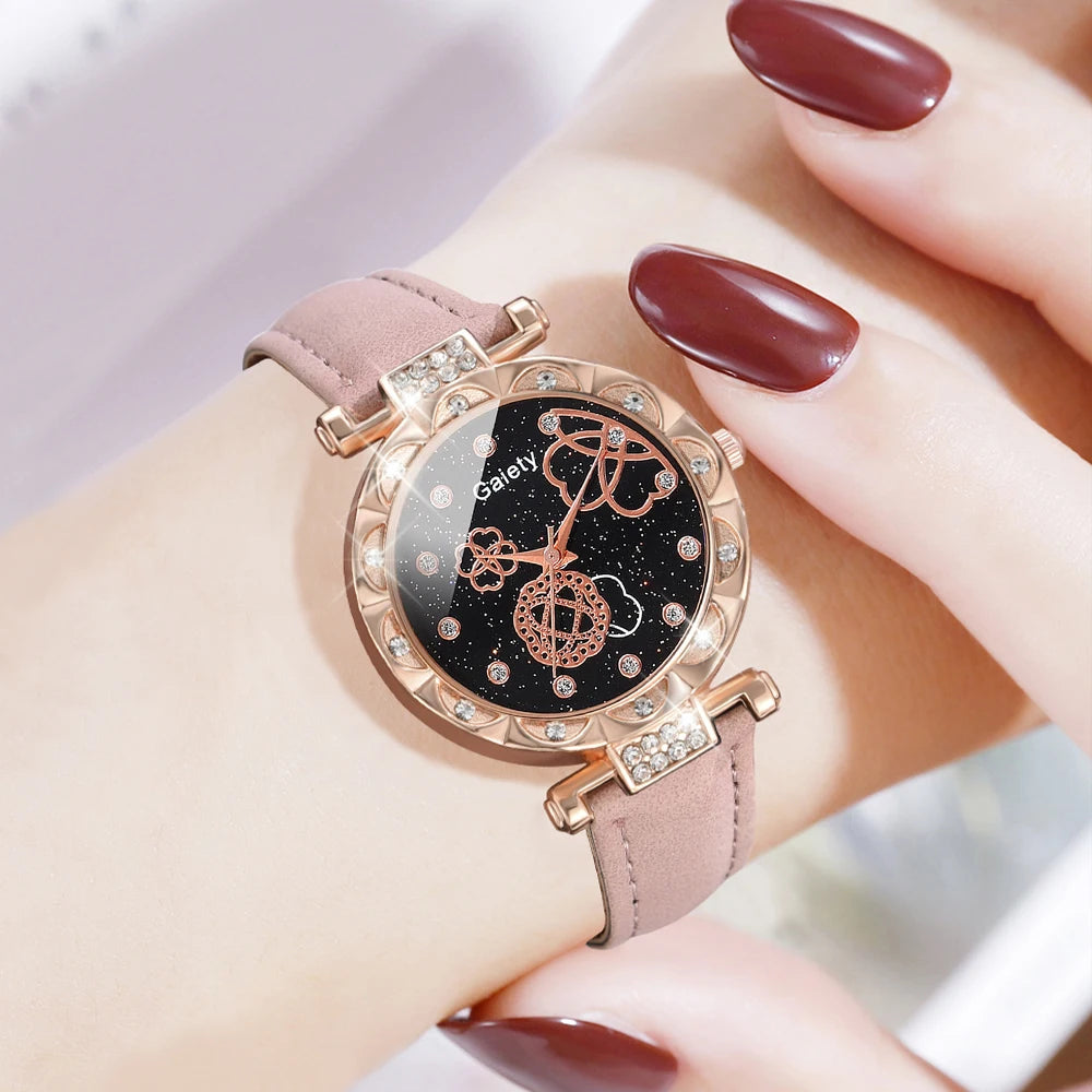 6PCS/Set Women White Round Quartz Watch PU Leather Strap Casual Fashion Wristwatch Butterfly Jewelry Watch Set Gift For Her