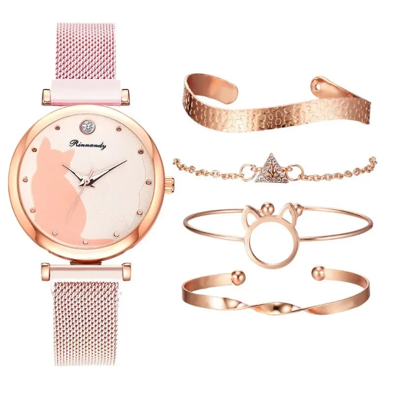 1/5Pcs Set Cat Women Watch Bracelet Alloy Strap Cute Cartoon Pattern Wristwatches Luxury Quartz Braceletes Stainless Steel Dial