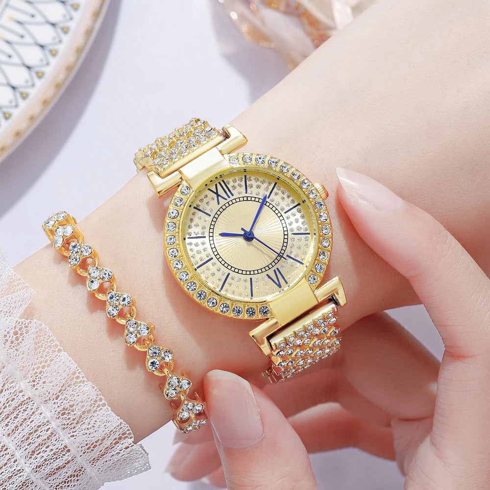 4Pcs Fashion Ladies Watch Jewerly Set Women Diamond Quartz Watch Gold Plated Bangles Exquisite Leaf Cuff Bracelet Ring With Box
