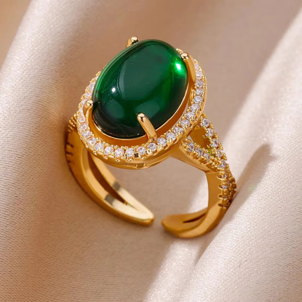 Luxury Stainless Steel Green Zircon Flower Rings For Women Snake Finger Ring Gold Plated Wedding Party Exquisite Jewelry New
