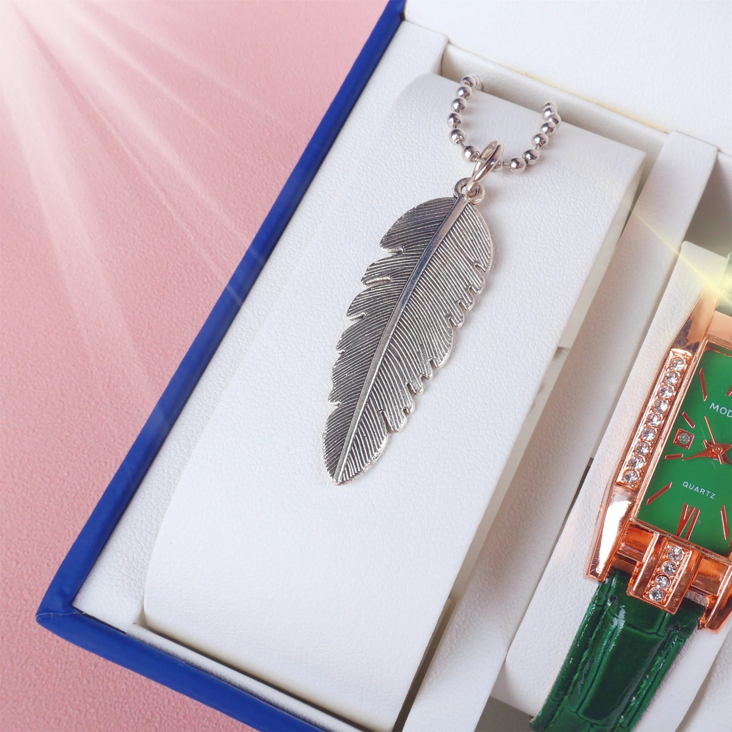 6PCS Set Fashion Women Rectangle Watches Ladies Business Green Leather Quartz Watch Necklace Earrings Bracelet Wristwatch A4347