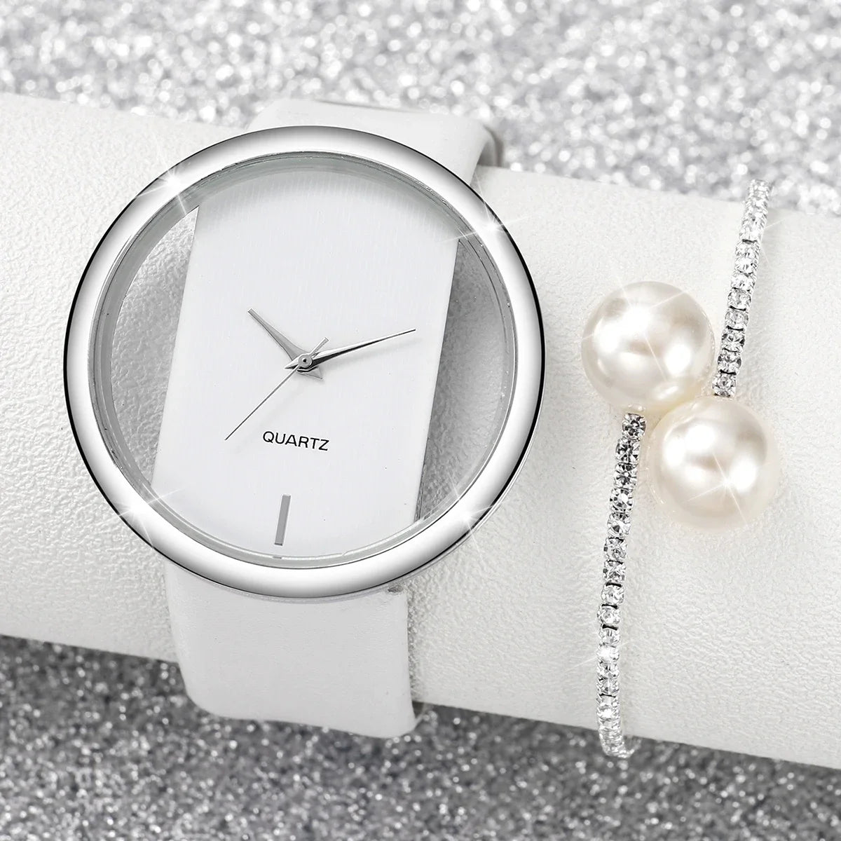 2PCS/Set Women Watches Diamond Pearl Bracelet Set Fashion Hollow Large Dial Women's Leather Quartz Watch