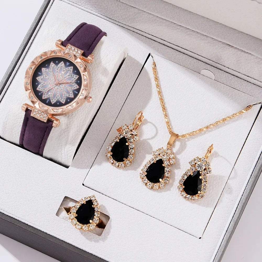 5pcs Set Watches for Women Leather Band Ladies Watch Simple Casual Women's Analog WristWatch Bracelet Gift Montre Femme(No Box)