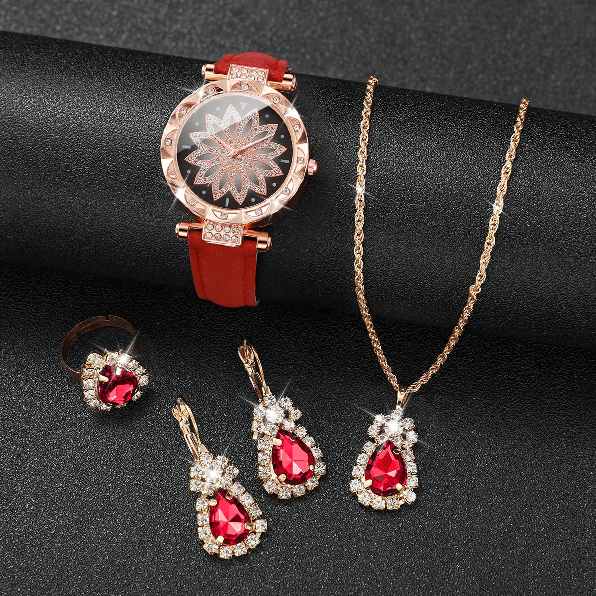 5Pcs/set Fashion Women's Watch Flower Dial Quartz Watches Leather Band Wristwatches Rhinestone Jewelry Set(Without Box)