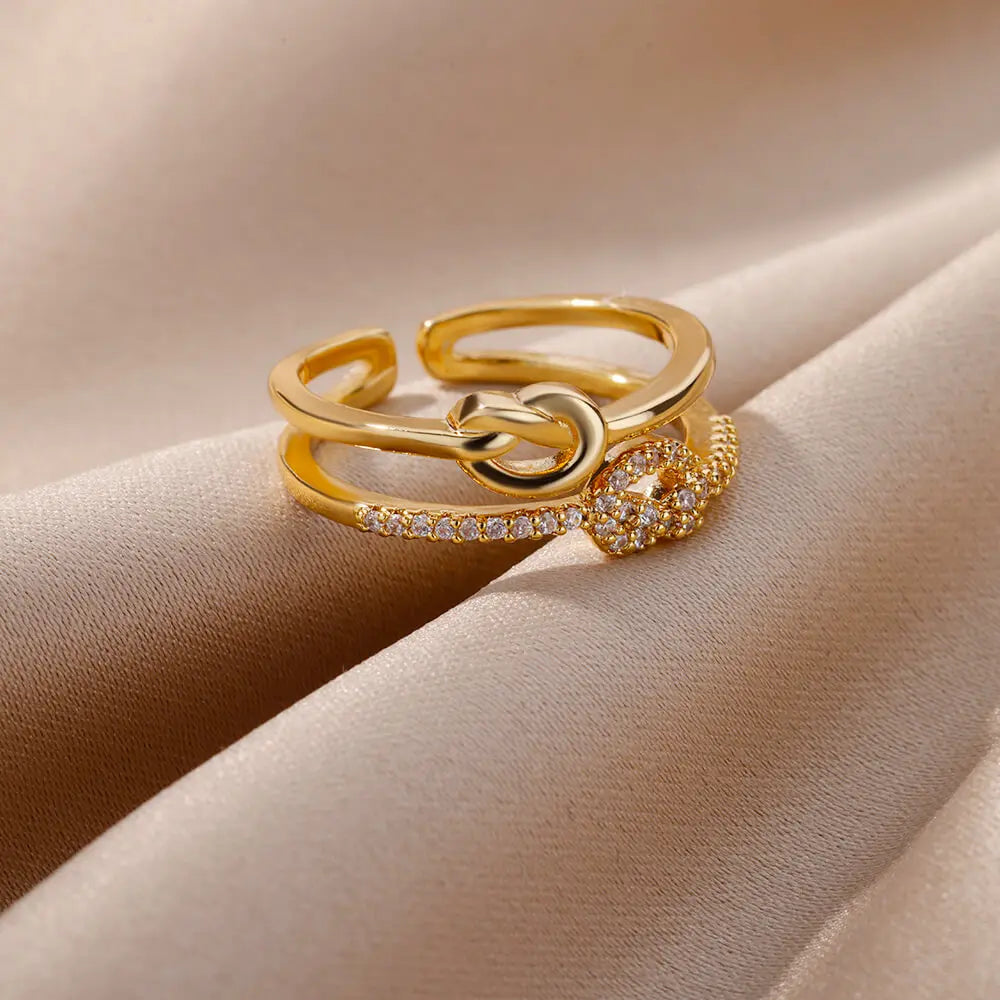 Fashion Gold Color Stainless Steel Rings For Women Chain Hollow Out Crystal Zircon Finger Ring Jewelry 2023 Gift anillos mujer