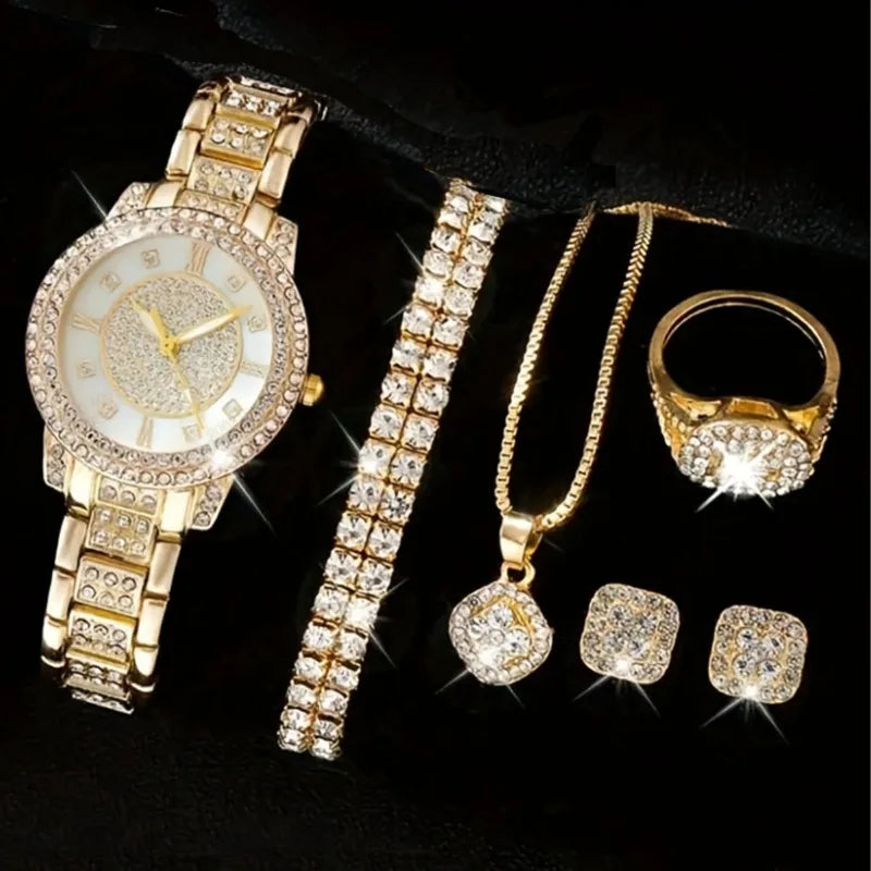 5PCS Women Watch Luxury Elegant Alloy Watch Crystal Wristwatch for Ladies Gift Quartz Watch Alloy Rhinestone Bracelet Montres