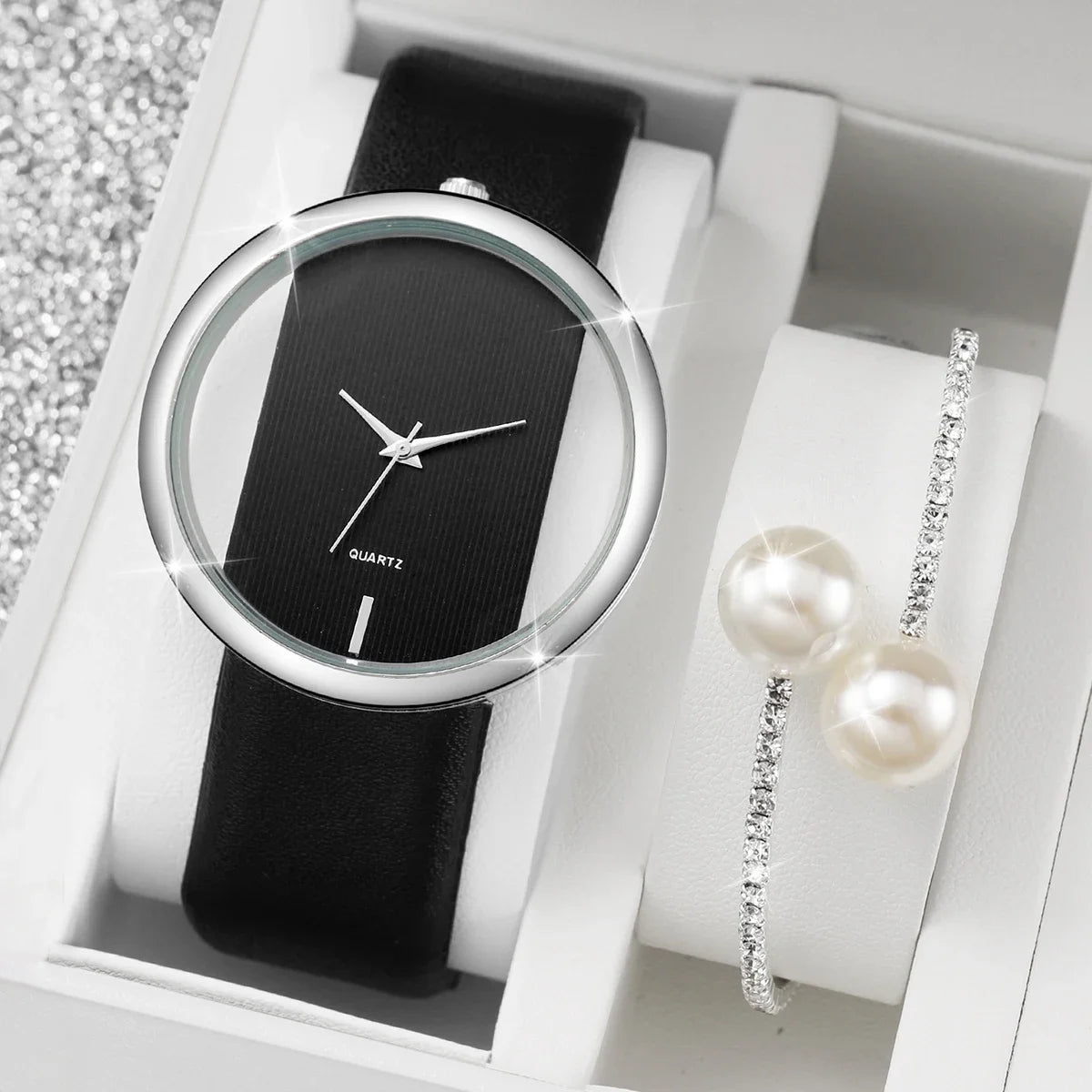 2PCS/Set Women Watches Diamond Pearl Bracelet Set Fashion Hollow Large Dial Women's Leather Quartz Watch