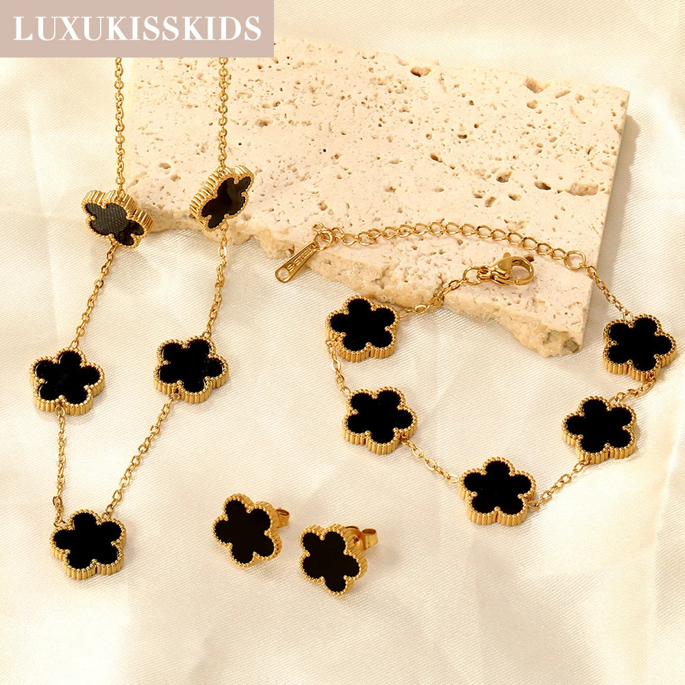 Fashion Flower Necklace Earrings Set Jewelry Women Stainless Steel White Shell Clover Bracelet Jewelry Accessories