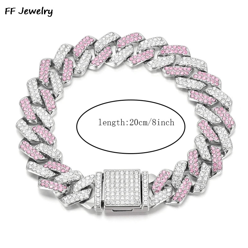 14mmHip Hop Shiny Cuban Link Chain Bracelets Women Men PINK Color Rhinestone Iced Out Chain Bracelets Punk Wristband Jewelry