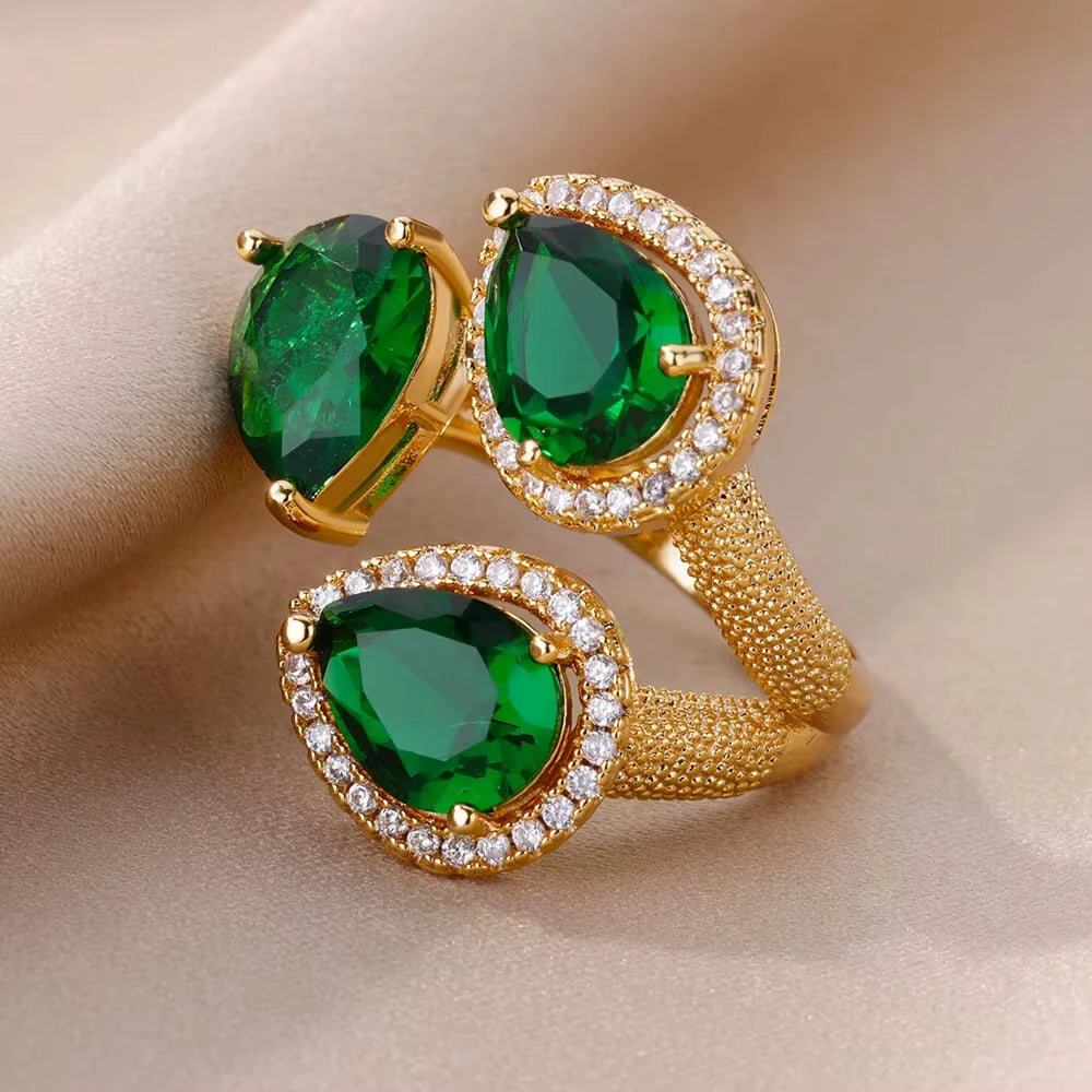 Luxury Stainless Steel Green Zircon Flower Rings For Women Snake Finger Ring Gold Plated Wedding Party Exquisite Jewelry New