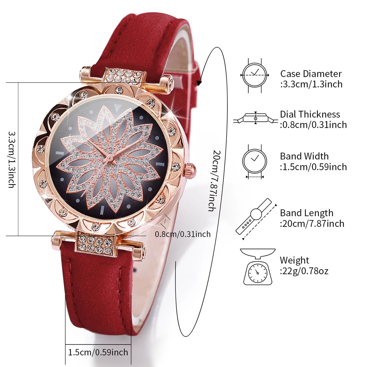 5Pcs/set Fashion Women's Watch Flower Dial Quartz Watches Leather Band Wristwatches Rhinestone Jewelry Set(Without Box)