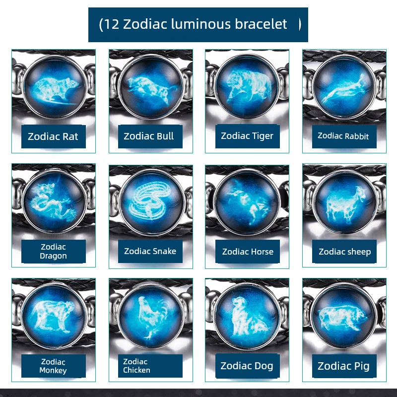 Zodiac Luminous Leather Bracelet Trendy Japanese and Korean Style Bracelet Men Lucky Bracelet Female Carrying Strap Woven Couples Bracelet