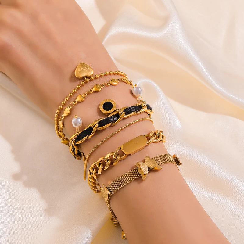 316L Stainless Steel Gold Color Bracelet for Women Simple Style Link Chain Bangle Trendy Fashion Non-fading Jewelry Gift