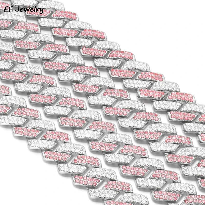 14mmHip Hop Shiny Cuban Link Chain Bracelets Women Men PINK Color Rhinestone Iced Out Chain Bracelets Punk Wristband Jewelry