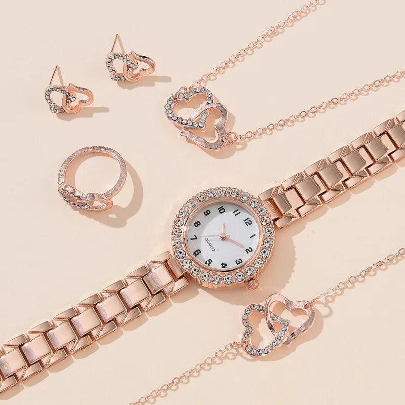 6pcs Women Watch Fashion Luxury Crystal Ladies Quartz Wristwatch WOMEN'S Watch and Bracelet Necklace Ring Earrings Accessory Set
