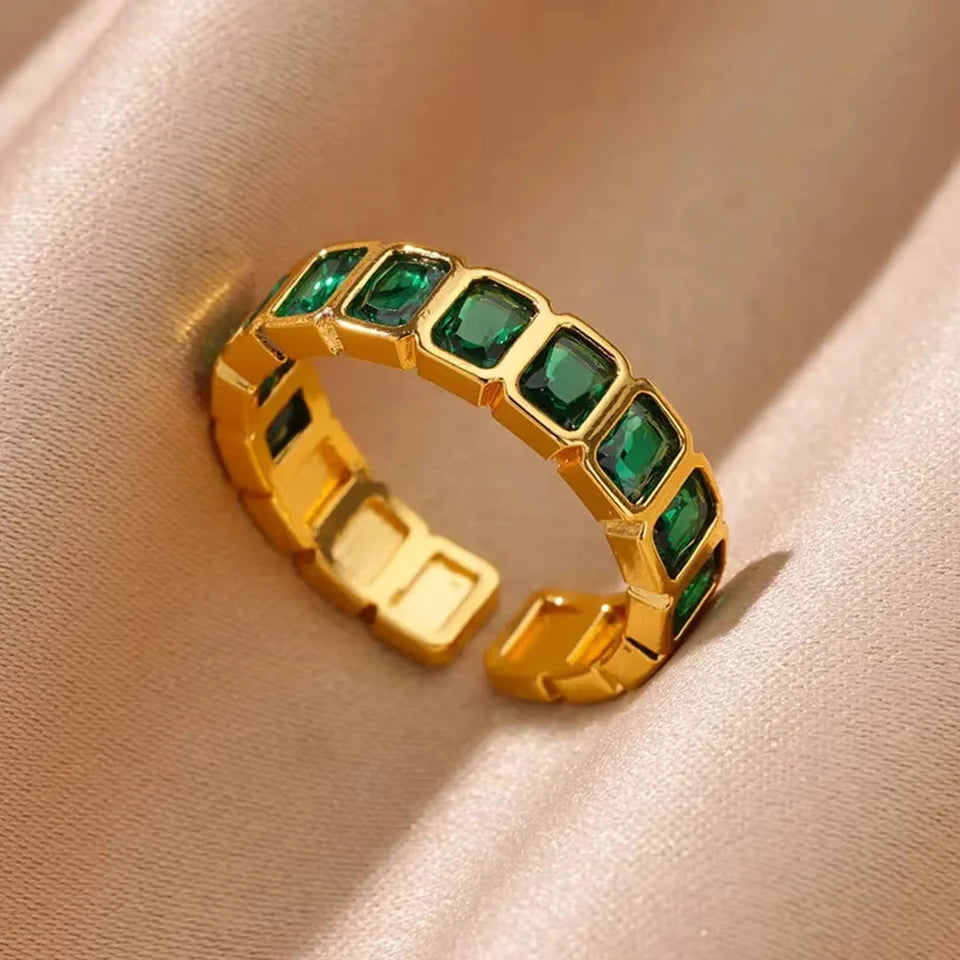 Luxury Stainless Steel Green Zircon Flower Rings For Women Snake Finger Ring Gold Plated Wedding Party Exquisite Jewelry New