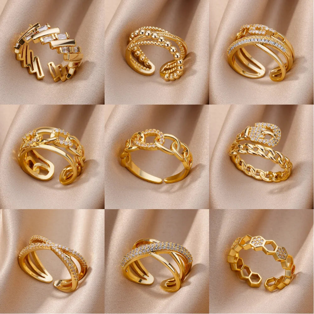 Fashion Gold Color Stainless Steel Rings For Women Chain Hollow Out Crystal Zircon Finger Ring Jewelry 2023 Gift anillos mujer
