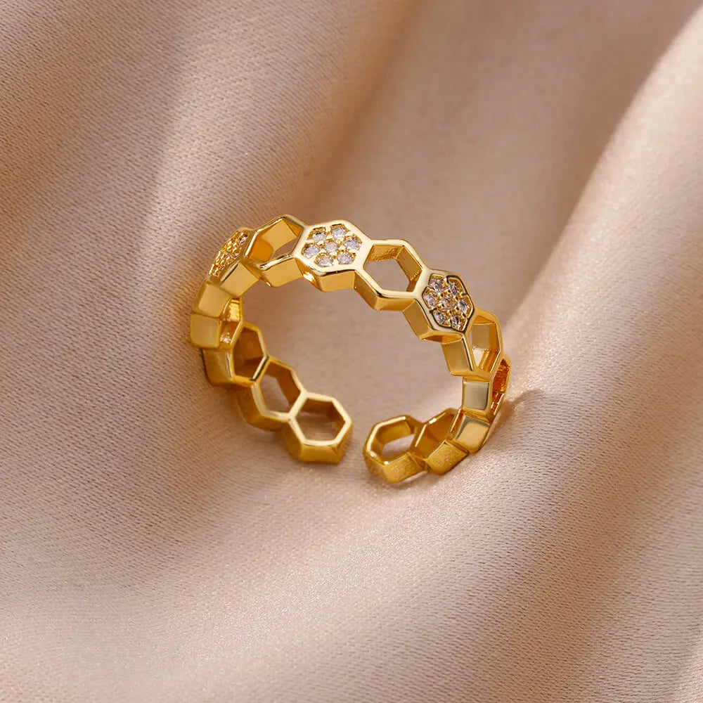 Fashion Gold Color Stainless Steel Rings For Women Chain Hollow Out Crystal Zircon Finger Ring Jewelry 2023 Gift anillos mujer
