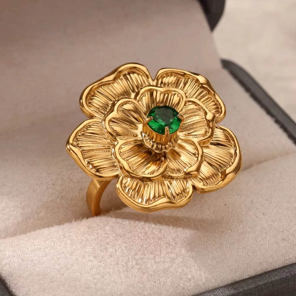 Luxury Stainless Steel Green Zircon Flower Rings For Women Snake Finger Ring Gold Plated Wedding Party Exquisite Jewelry New