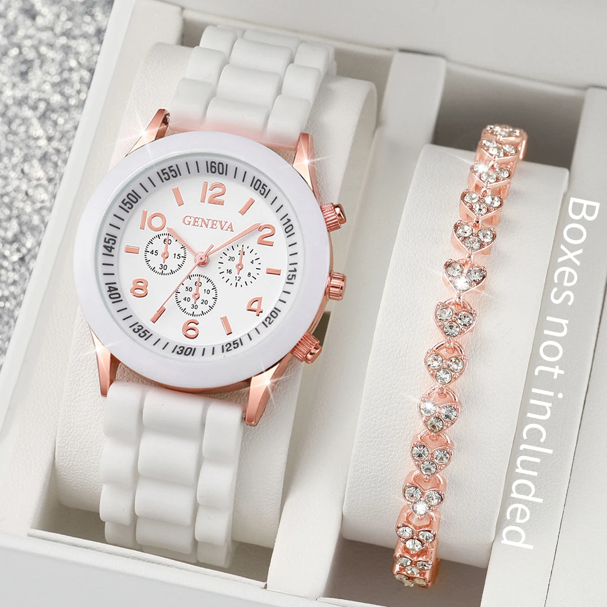 2pcs/set Women Fashion Silicone Band Quartz Watch with Diamond Bracelet