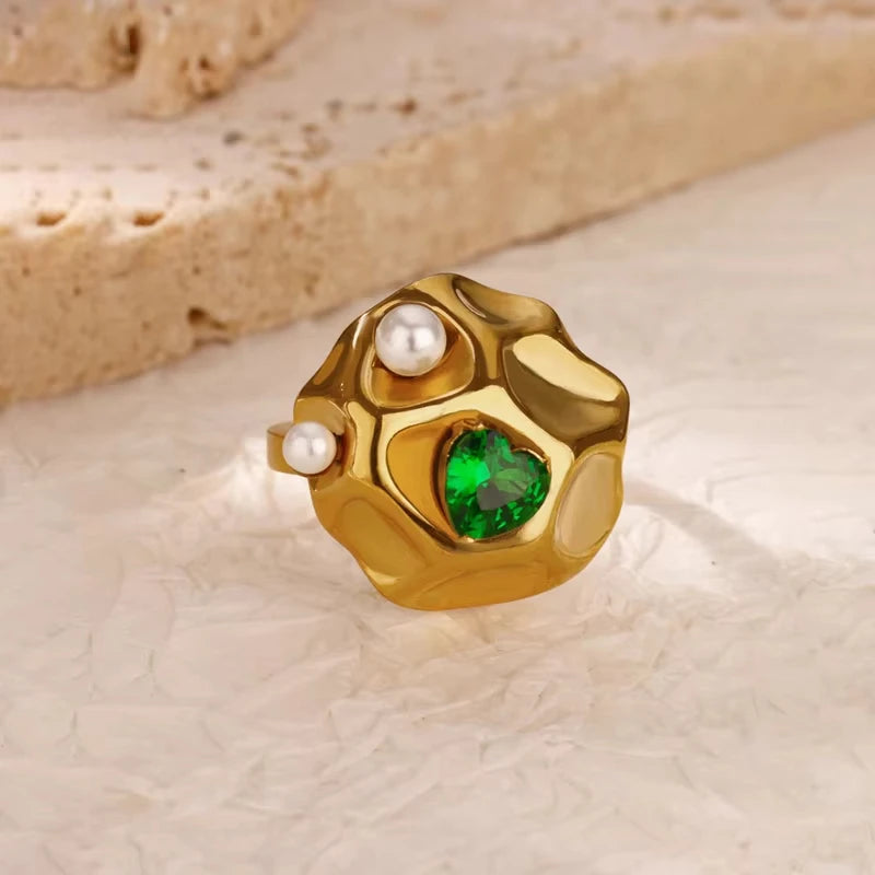 Luxury Stainless Steel Green Zircon Flower Rings For Women Snake Finger Ring Gold Plated Wedding Party Exquisite Jewelry New