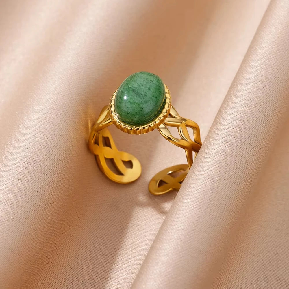 Luxury Stainless Steel Green Zircon Flower Rings For Women Snake Finger Ring Gold Plated Wedding Party Exquisite Jewelry New