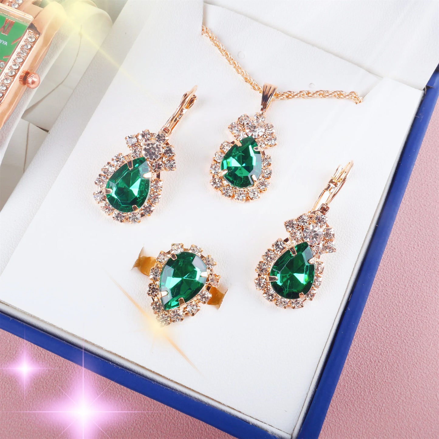 6PCS Set Fashion Women Rectangle Watches Ladies Business Green Leather Quartz Watch Necklace Earrings Bracelet Wristwatch A4347