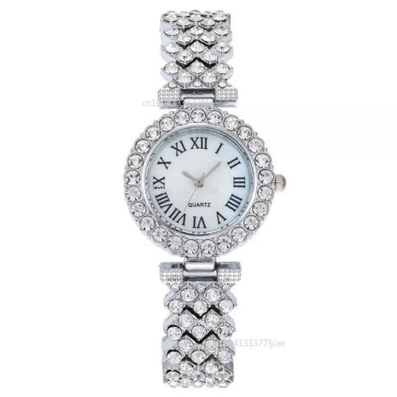 6pcs Luxury Dainty Quartz Watch with Heart Jewelry Set for Women Rhinestone Watch Heart Necklace Bracelet Earrings Ring Set