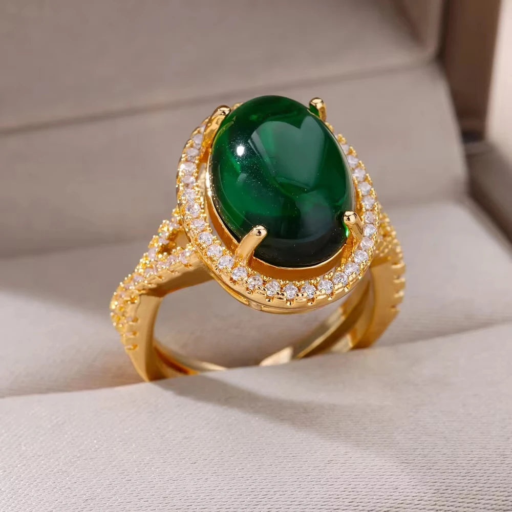 Luxury Stainless Steel Green Zircon Flower Rings For Women Snake Finger Ring Gold Plated Wedding Party Exquisite Jewelry New