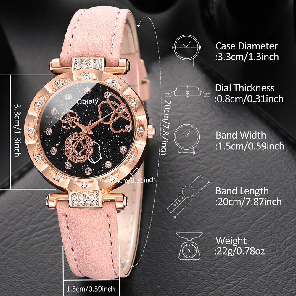 6PCS/Set Women White Round Quartz Watch PU Leather Strap Casual Fashion Wristwatch Butterfly Jewelry Watch Set Gift For Her