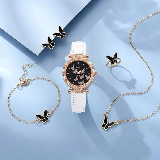 6PCS Set Watch for Women Luxury Leather Analog Ladies Quartz Wrist Watch Fashion Bracelet Watch Set Female Relogio Feminino