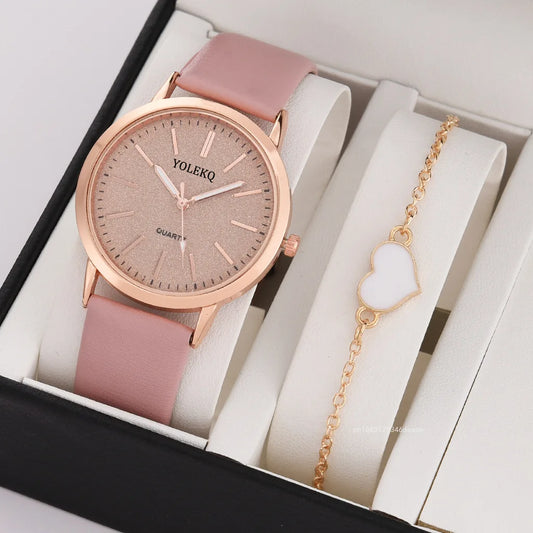 2pcs Set Women Watch Set Alloy Bracelet Luxury Fashion Jewelry Colourful PU Leather Strap Ladies Quartz Wristwatch for Ladies