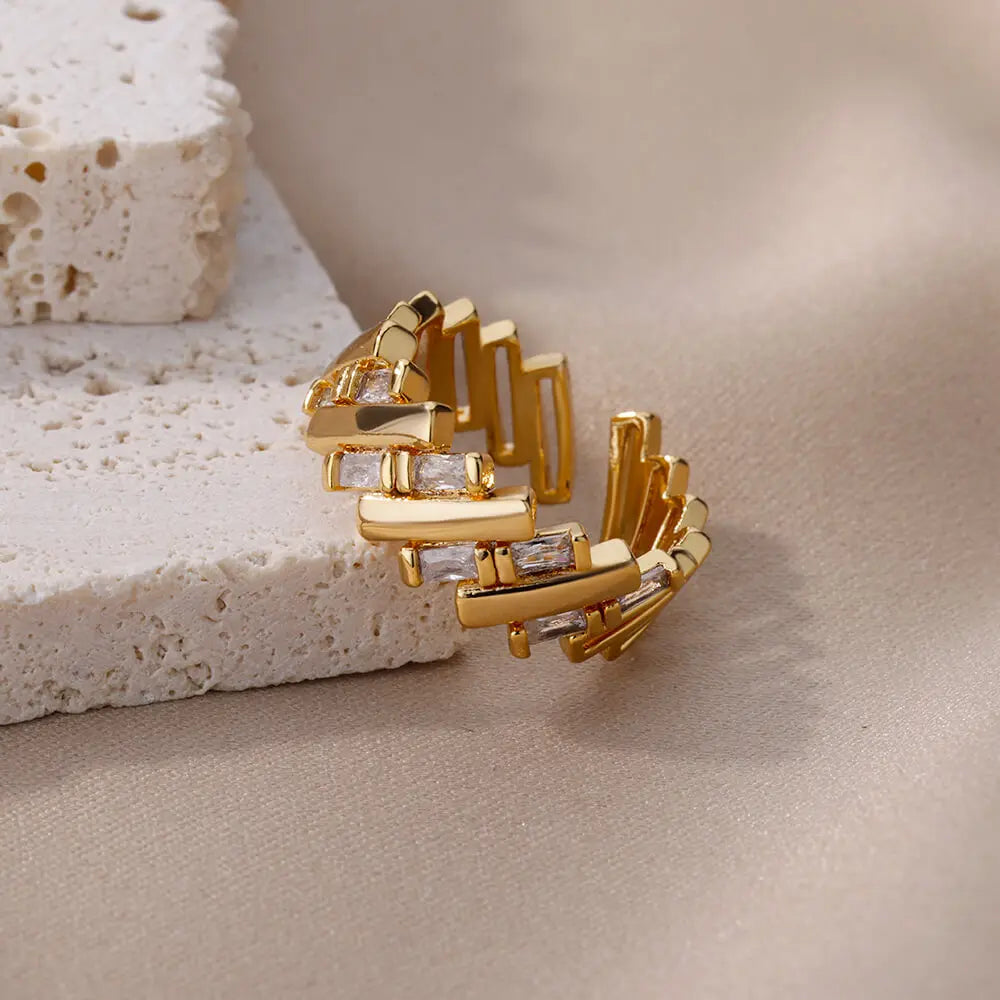 Fashion Gold Color Stainless Steel Rings For Women Chain Hollow Out Crystal Zircon Finger Ring Jewelry 2023 Gift anillos mujer
