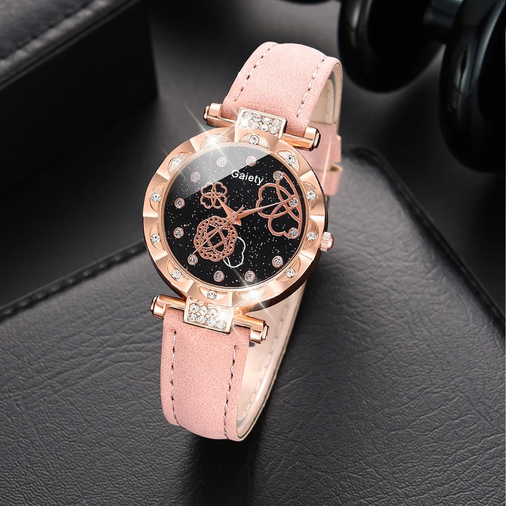 6PCS/Set Women White Round Quartz Watch PU Leather Strap Casual Fashion Wristwatch Butterfly Jewelry Watch Set Gift For Her