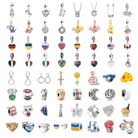 100% 925 Silver Plated Turkey Ukraine Flag  Bead Pendant Fit Original Bracelets Sparkling Heart Dangle Moon Cup DIY Jewelry Gift