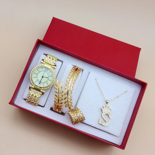 4Pcs Fashion Ladies Watch Jewerly Set Women Diamond Quartz Watch Gold Plated Bangles Exquisite Leaf Cuff Bracelet Ring With Box