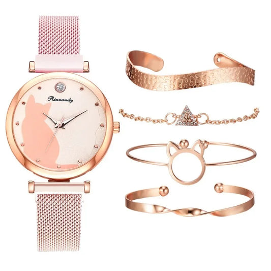 1/5Pcs Set Cat Women Watch Bracelet Alloy Strap Cute Cartoon Pattern Wristwatches Luxury Quartz Braceletes Stainless Steel Dial