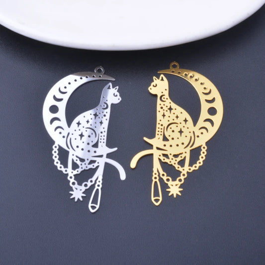 6pcs  Gold Color Stainless steel Moon and Cat Charms Brass Pendant Jewelry DIY Handmade