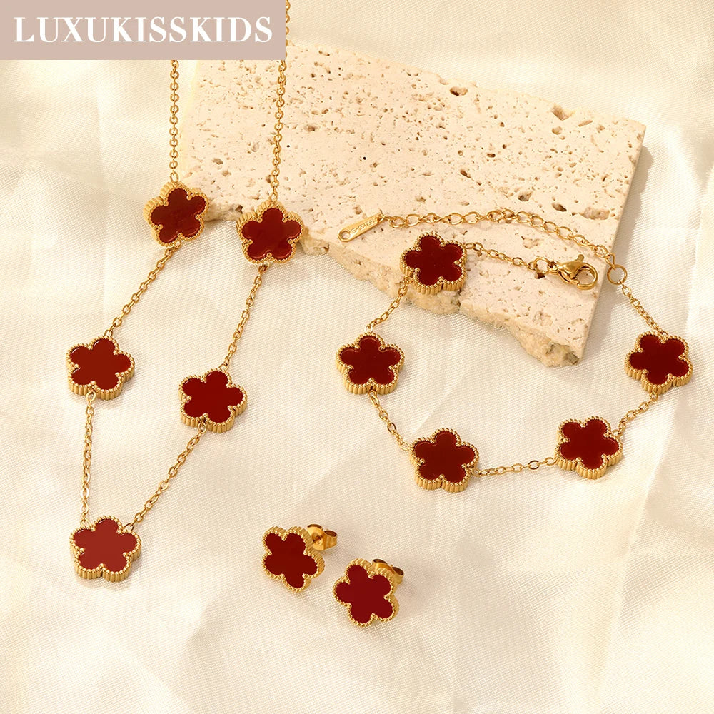 Fashion Flower Necklace Earrings Set Jewelry Women Stainless Steel White Shell Clover Bracelet Jewelry Accessories