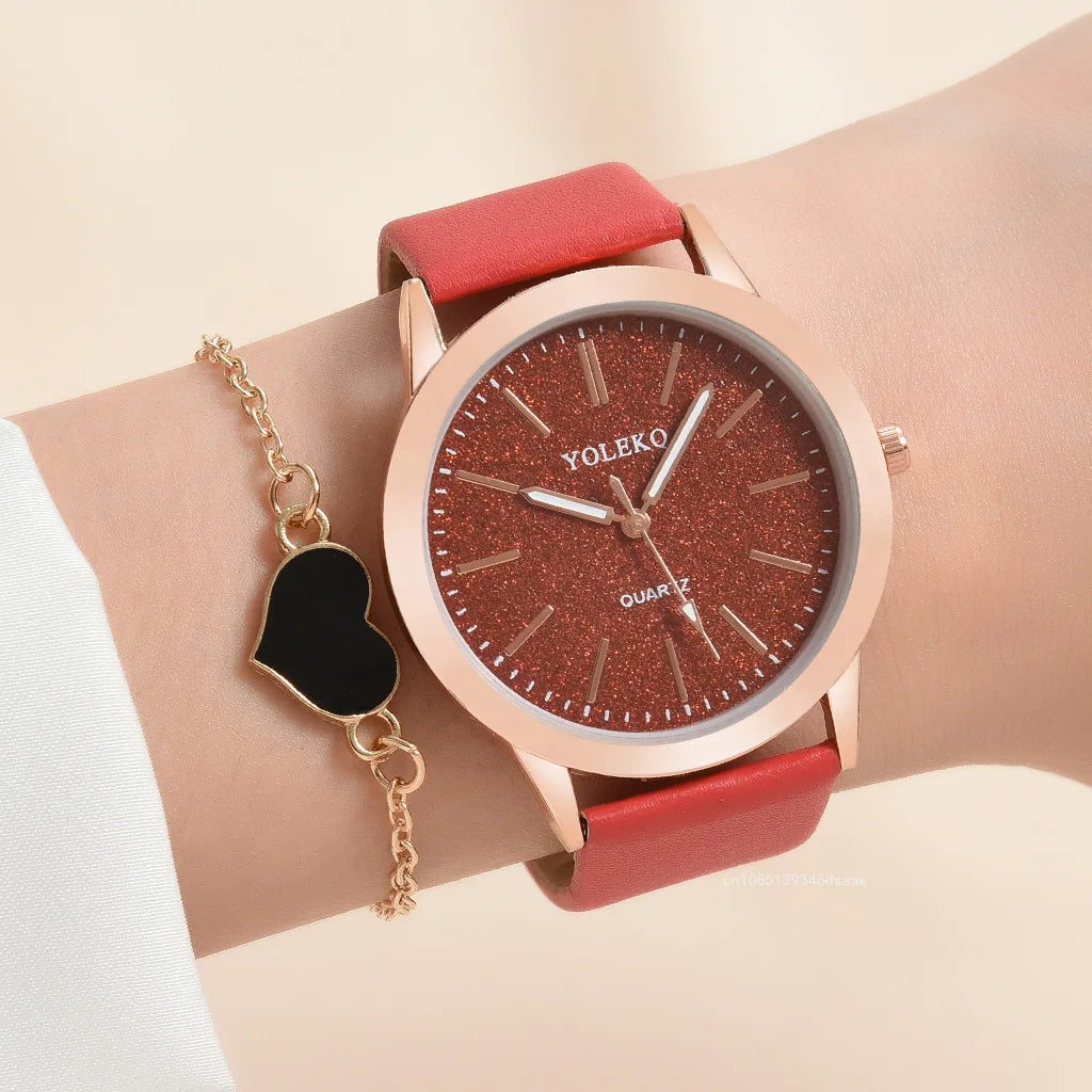 2pcs Set Women Watch Set Alloy Bracelet Luxury Fashion Jewelry Colourful PU Leather Strap Ladies Quartz Wristwatch for Ladies